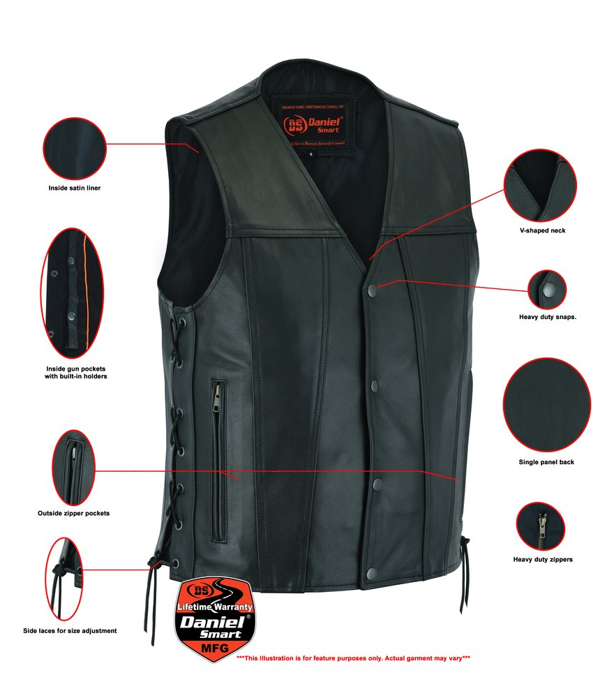 Leather Motorcycle Vest - Men's - Gun Pockets - Side Laces - Up To 9XL - DS105-DS