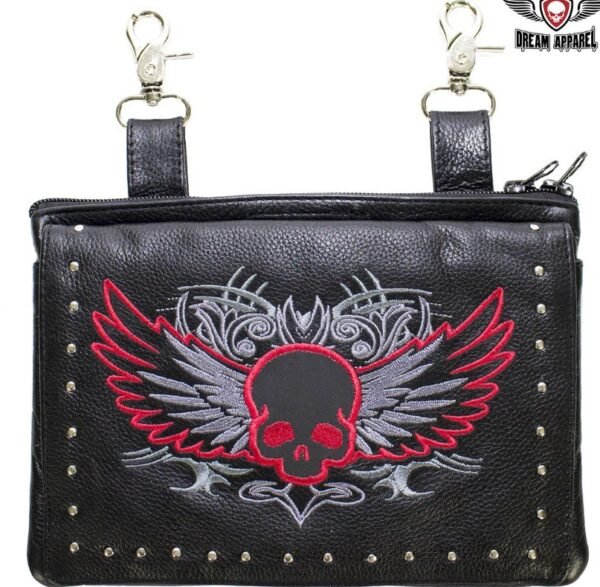 Leather Belt Bag - Red - Gun Pocket - Flying Skull Design - Handbag - BAG36-EBL10-RED-DL