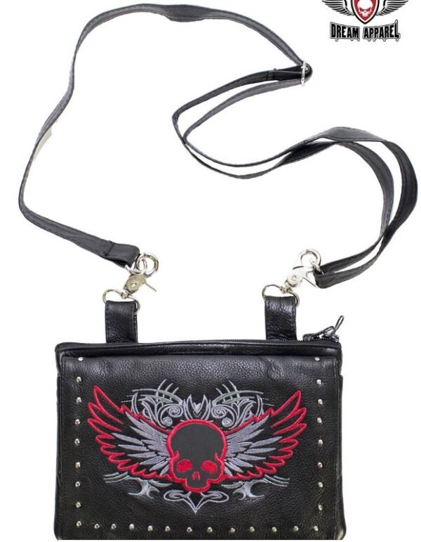 Leather Belt Bag - Red - Gun Pocket - Flying Skull Design - Handbag - BAG36-EBL10-RED-DL