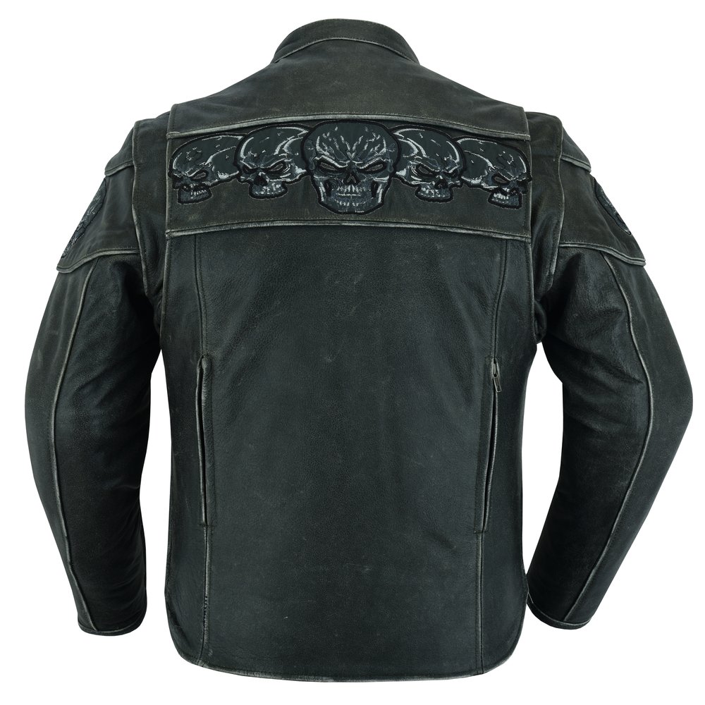 Leather Motorcycle Jacket - Men's - Reflective Skulls - Racer - DS723-DS