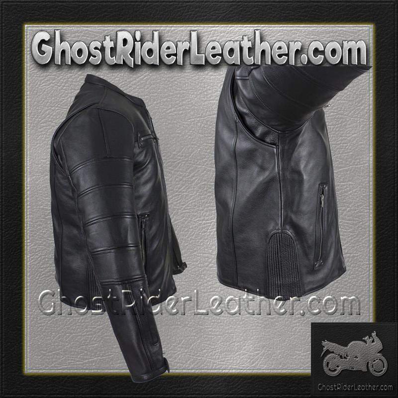Black Pleated Racer Leather Jacket with Concealed Carry Pockets - SKU MJ828-DL