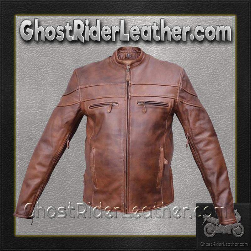 Leather Motorcycle Jacket - Men's - Cafe Brown - Racer - AL2077-AL