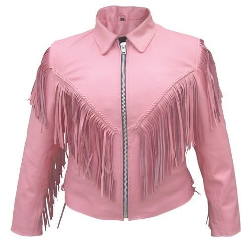 Ladies Biker Pink Leather Jacket with Fringe - SKU AL2121-AL