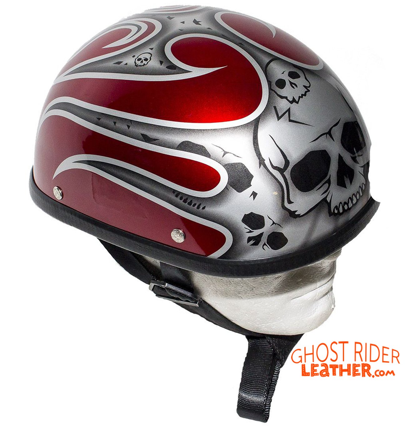 Novelty Motorcycle Helmet - Silver Skulls - Burgundy Flames - H401-D4-BURG-1-DL Novelty Motorcycle Helmet - Silver Skulls - Burgundy Flames - H401-D4-BURG-1-DL
