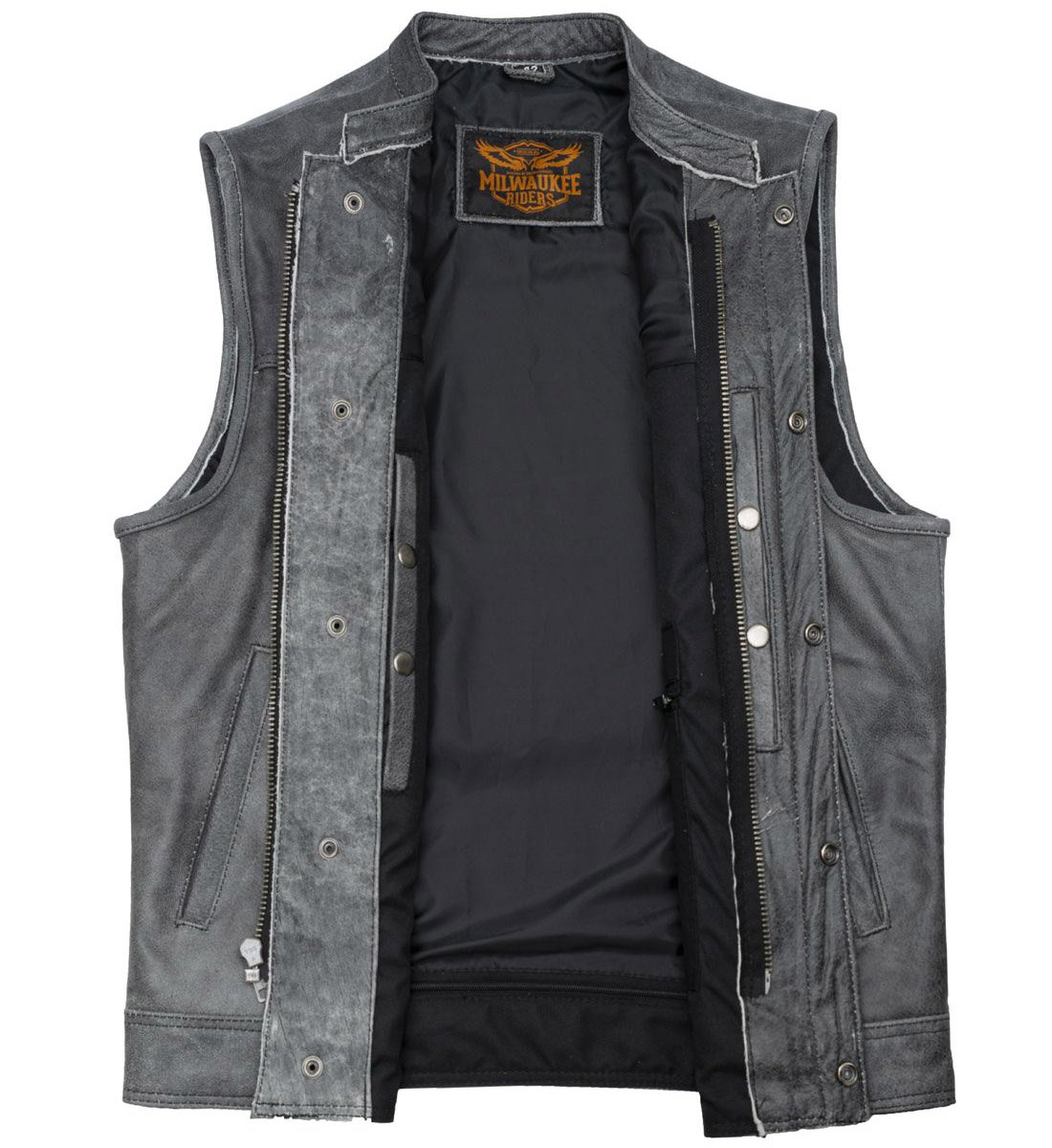 Gray Leather Motorcycle Vest - Men's - Club Style - Up To 64 - MR-MV7320-ZIP-16-DL