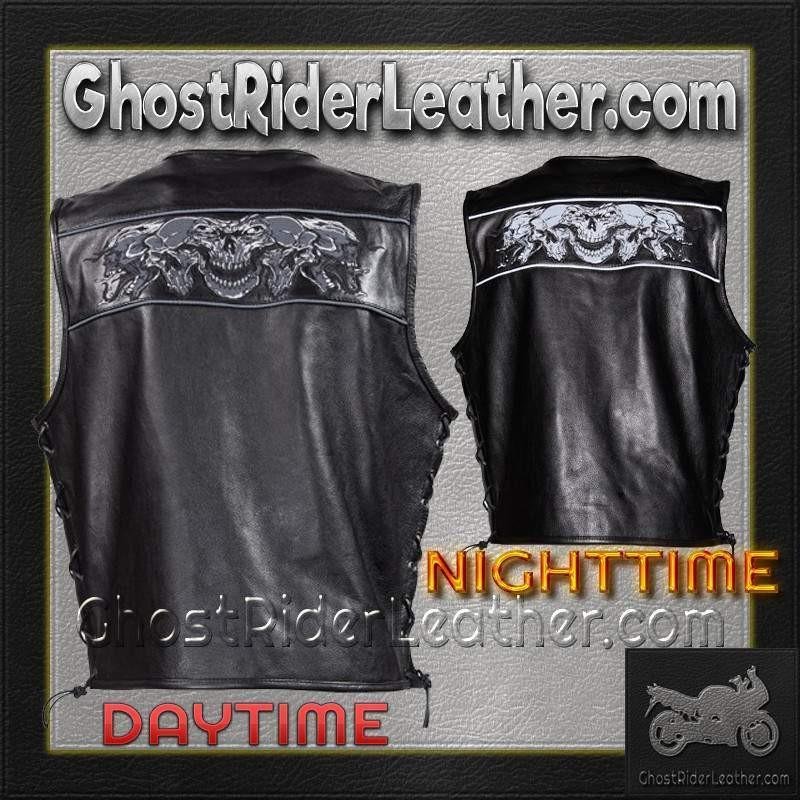 Mens Leather Vest with Night Reflective Skulls and Concealed Carry Pockets / SKU MV8025-DL