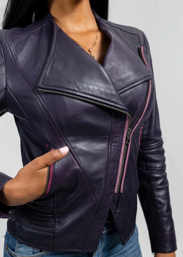 Leather Motorcycle Jacket - Women's - Violet Or Black - WBL1395-FM