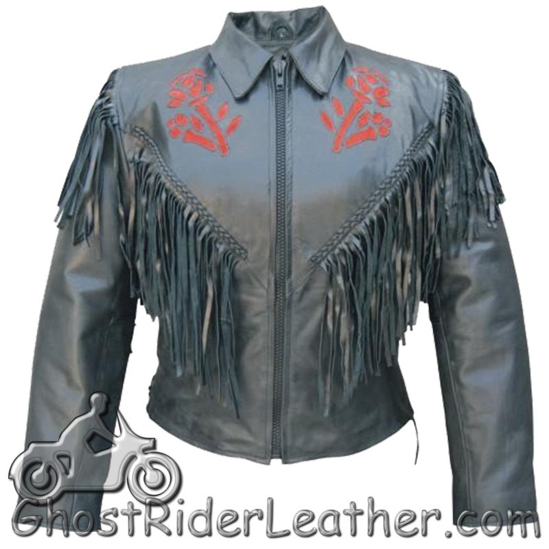 Ladies Red or Black Rose Fringe Leather Jacket - SKU AL2105-2106-AL