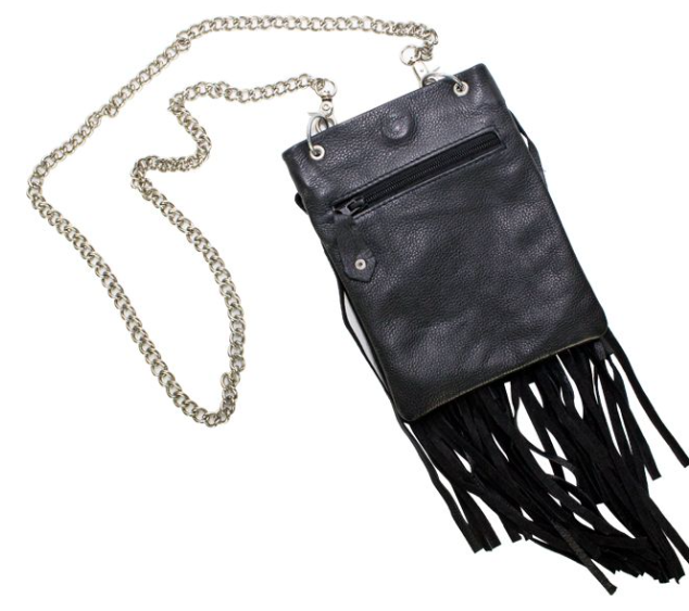 Black Leather Handbag - Belt Bag - Fringe - Chain - Small - BAG42-11-DL