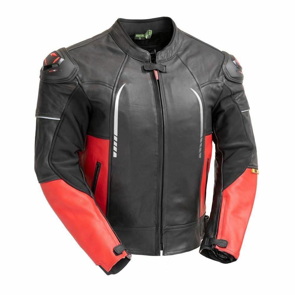 First Manufacturing Company Mens PowerSports Leather Racing Jacket - Red and Black - AT-1104-RED-FM First Manufacturing Company Mens PowerSports Leather Racing Jacket - Red and Black - AT-1104-RED-FM
