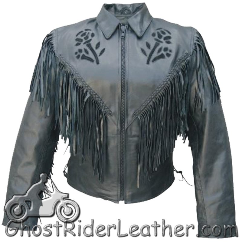 Ladies Red or Black Rose Fringe Leather Jacket - SKU AL2105-2106-AL
