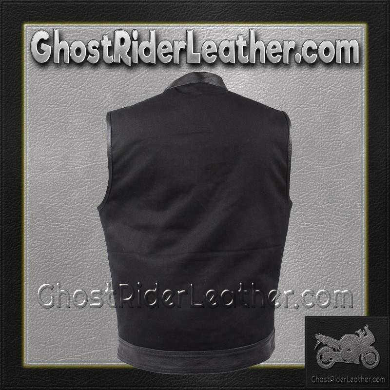 Mens Black Denim Club Vest with Leather Trim - SKU MV8019-ZIP-BD-DL Mens Black Denim Club Vest with Leather Trim - SKU MV8019-ZIP-BD-DL