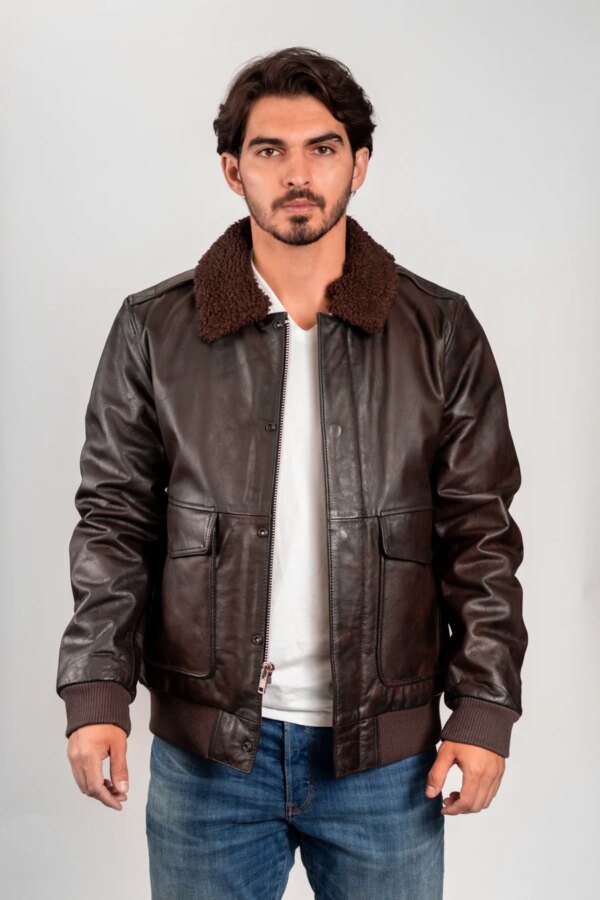 Leather Coat - Men's - Brown - Fashion Leather Jacket - Map Lining - Bomber - WBM219BP-MAP-BRN-FM