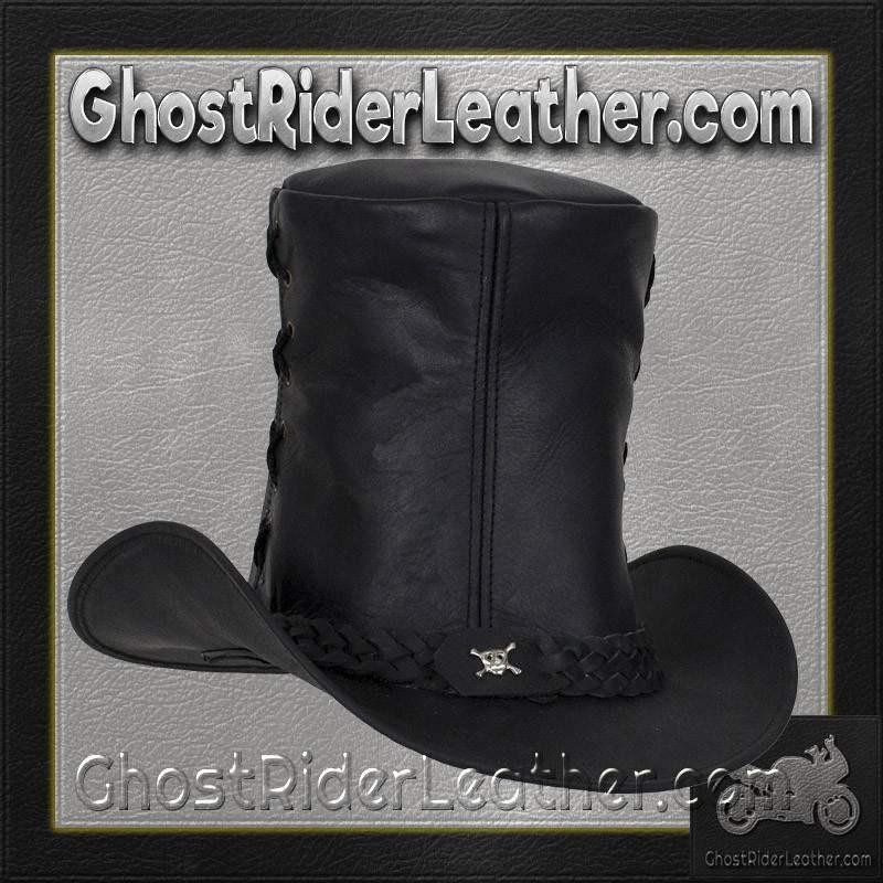 Black Leather Top Hat with Chrome Skull / SKU GRL-HAT14-11-DL