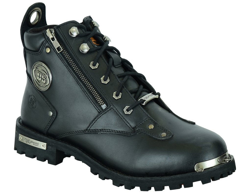 Men's Black 6 Inch Motorcycle Boots - Side Zipper - Plain Toe - DS9730-DS