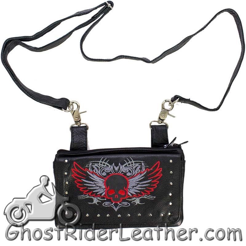 Leather Belt Bag - Red Flying Skull Design - Handbag - BAG35-EBL10-RED-DL