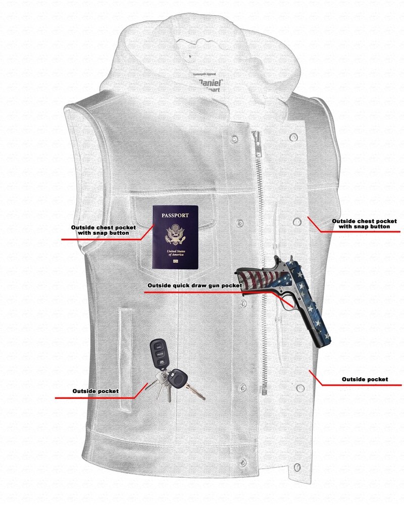 Leather Motorcycle Vest - Men's - Gun Pockets - Hoodie - Up To 12XL - Big and Tall - DS182-DS