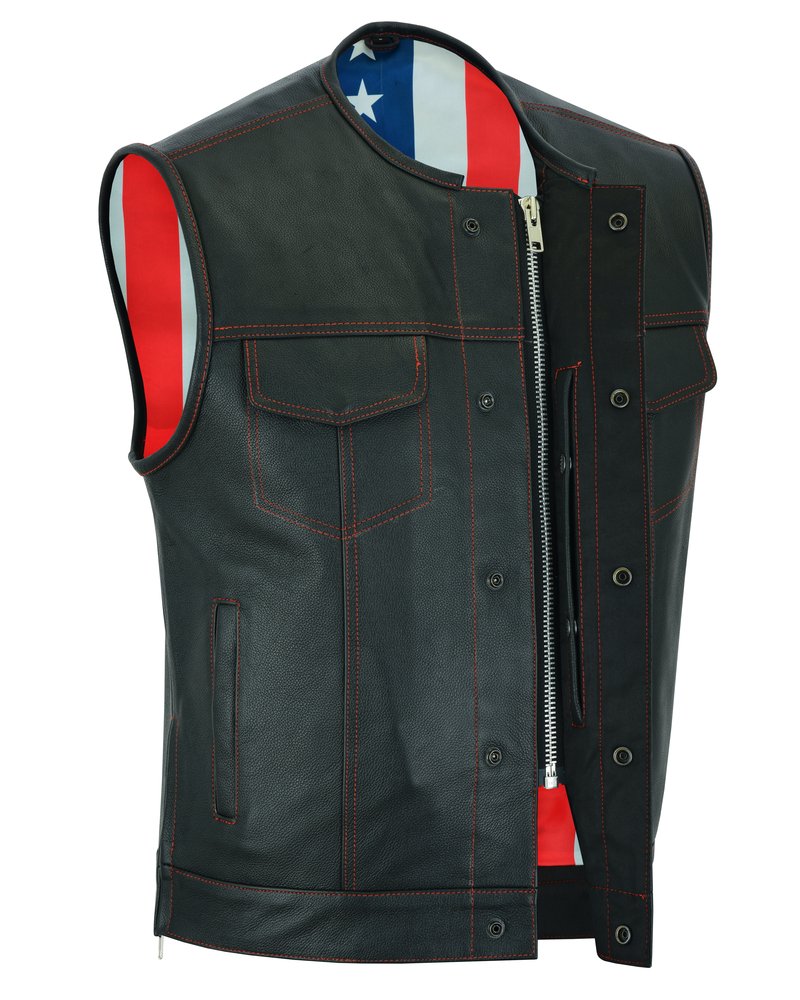 Leather Motorcycle Vest - Men's - USA Flag Liner - Gun Pockets - Up To 8XL - DS155-DS