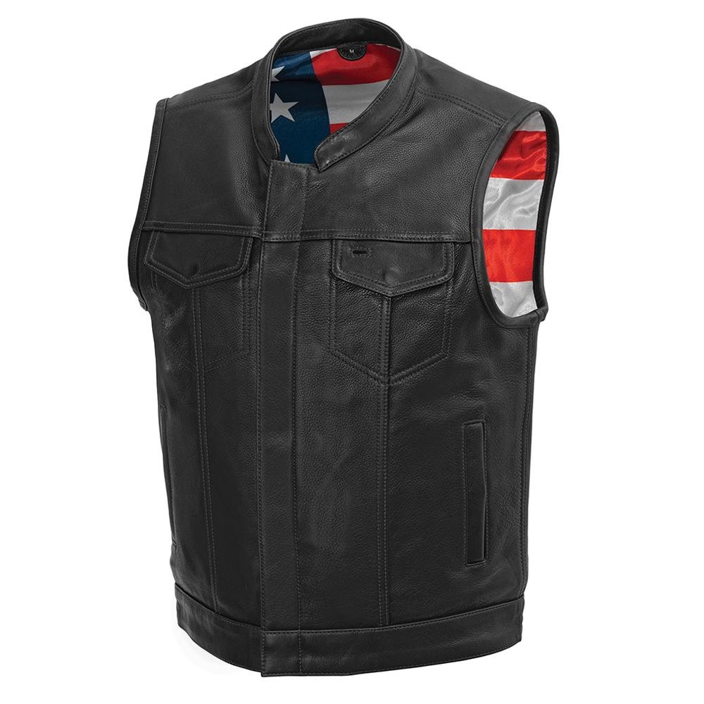 Leather Motorcycle Vest - Men's - USA Flag - Black Stitching - Up To Size 5XL - USA Flag Lining - FIM683CDM-FM