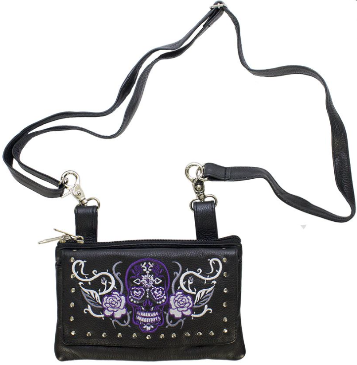 Leather Belt Bag - Purple - Sugar Skull Roses - Handbag - BAG35-EBL14-PURP-DL