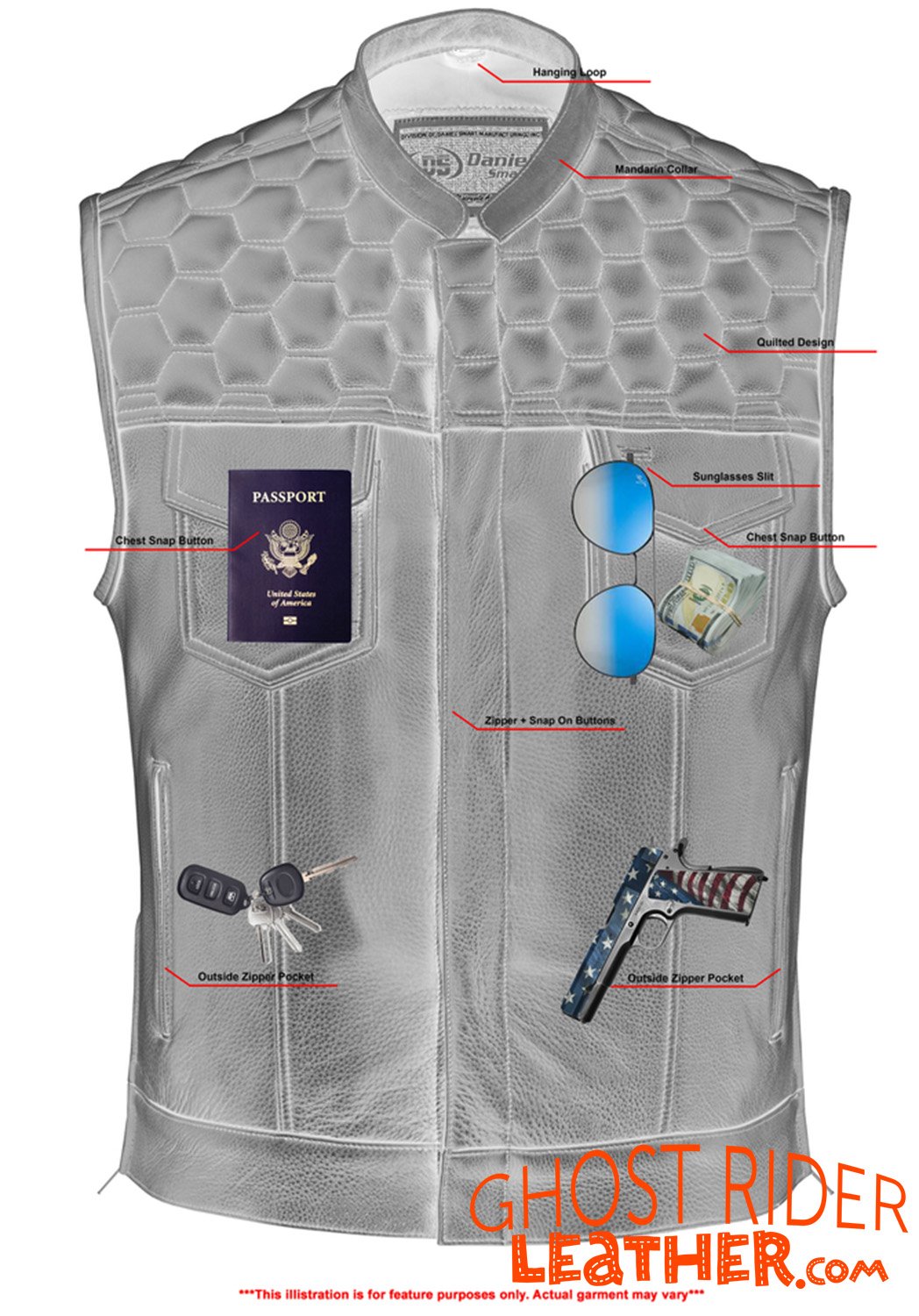 Leather Motorcycle Vest - Men's - Up To Size 8XL - Diamond Quilting - Big and Tall - DS199-DS Leather Motorcycle Vest - Men's - Up To Size 8XL - Diamond Quilting - Big and Tall - DS199-DS