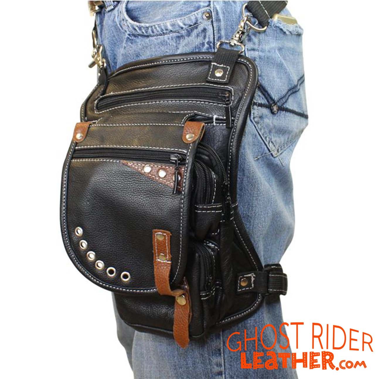 Leather Thigh Bag - Gun Pocket - Black - Touch of Brown - Motorcycle - AC1029-11-BRN3T-DL