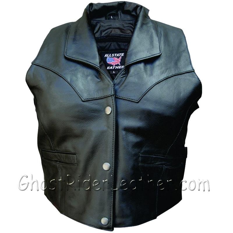 Leather Motorcycle Vest - Women's - Collar and Side Buckles - AL2305-AL