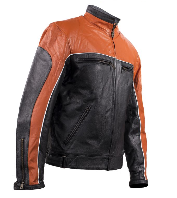 Leather Motorcycle Jacket - Men's -  Orange and Black - MJ780-ORG-DL