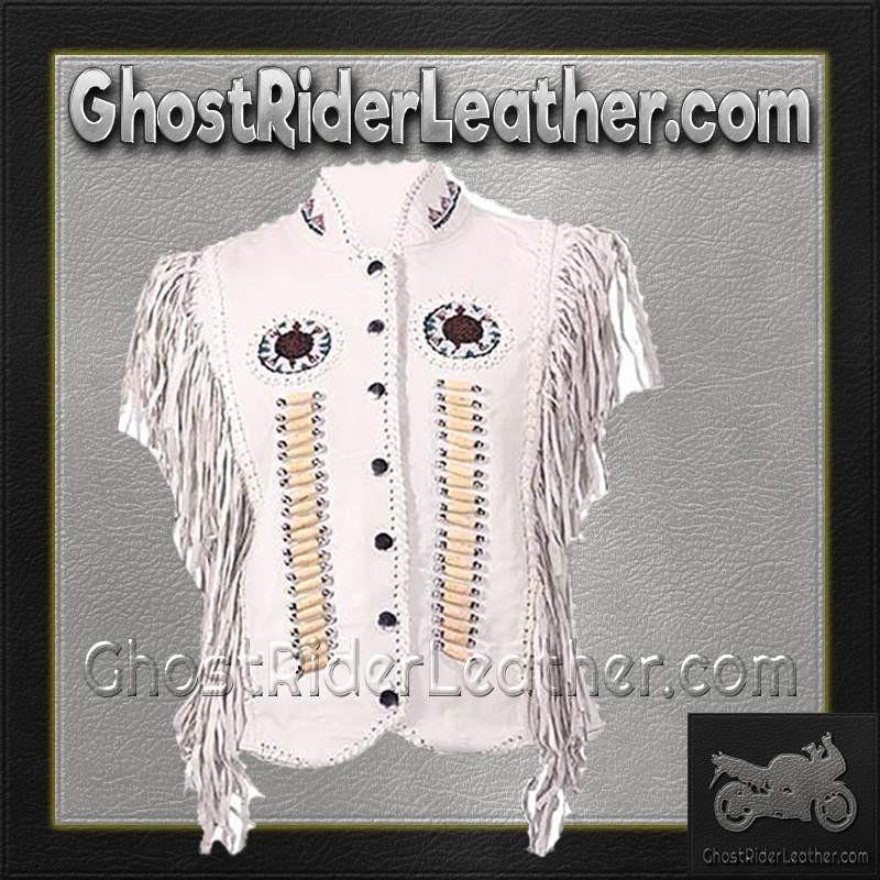 Leather Vest - Women's - White Wedding Style - Beaded - Boned - LV426-DL