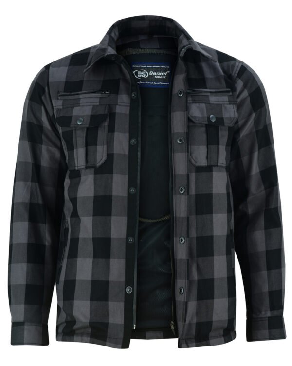 Flannel Motorcycle Shirt - Men's - Armor Pockets - Gun Pockets - Up To Size 6XL - Black Gray Plaid - DS4670-DS