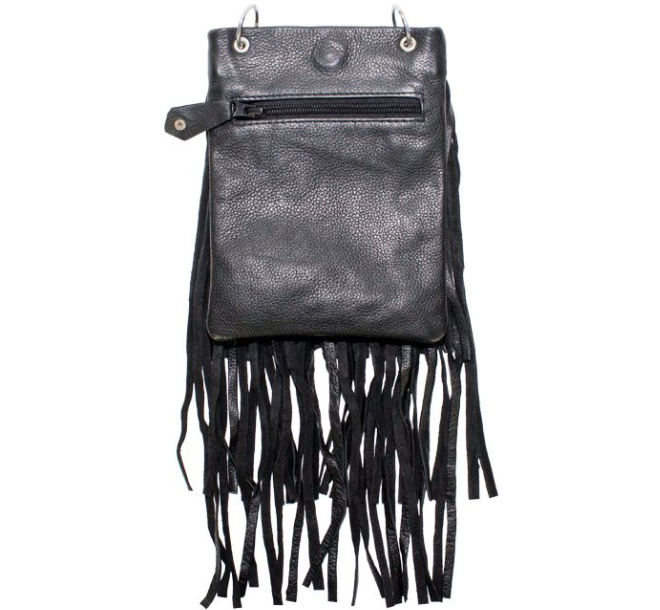 Black Leather Handbag - Belt Bag - Fringe - Chain - Small - BAG42-11-DL