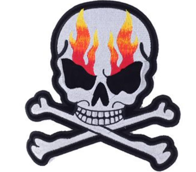 Silver Metallic Skull Crossbones with Flames Patch - Vest Patch - PAT-A15-DL