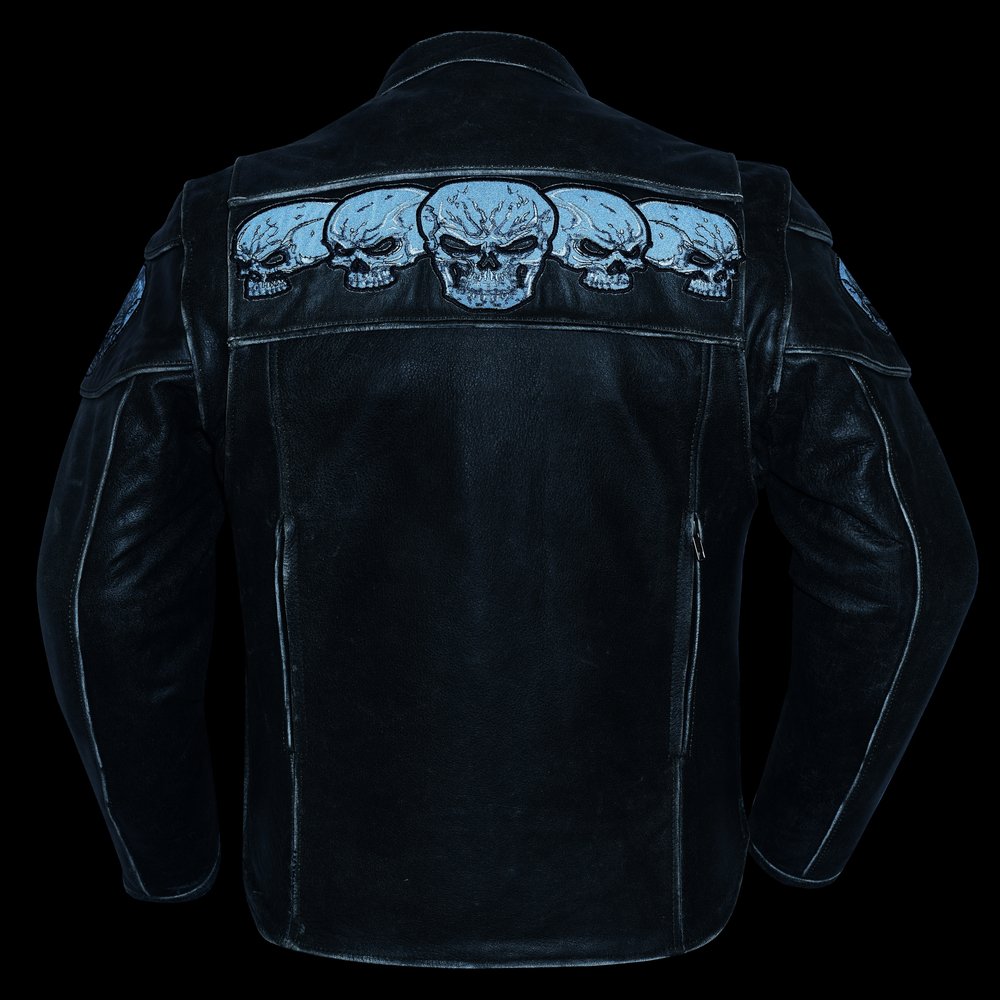 Leather Motorcycle Jacket - Men's - Reflective Skulls - Racer - DS723-DS