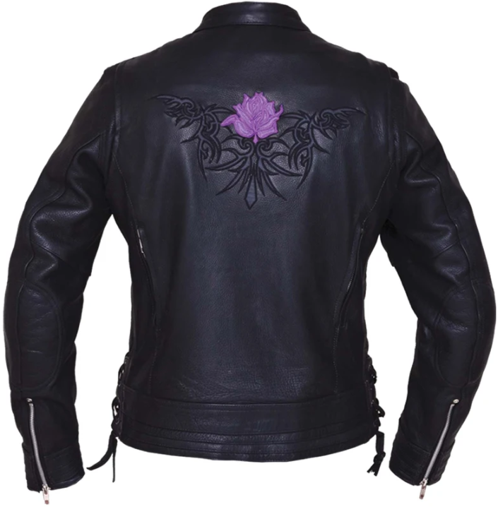 UNIK Ladies Premium Leather Motorcycle Jacket With Purple Embroidered Rose - 6801-17-UN