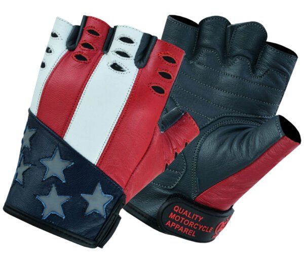 Leather Motorcycle Gloves - Men's - USA Flag - Fingerless - DS1215-DS