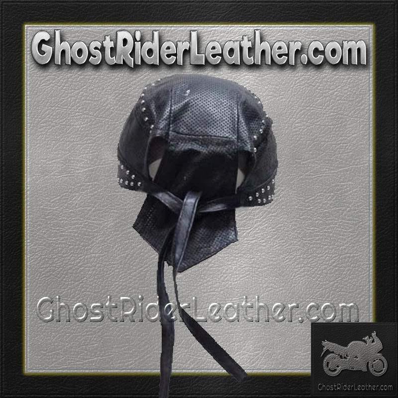 Leather Skull Cap with Studs - Biker Durag - SKU AC007-13-DL