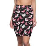 Doodle Love Birds - Pink White on Black - Women's Pencil Skirt (AOP)
