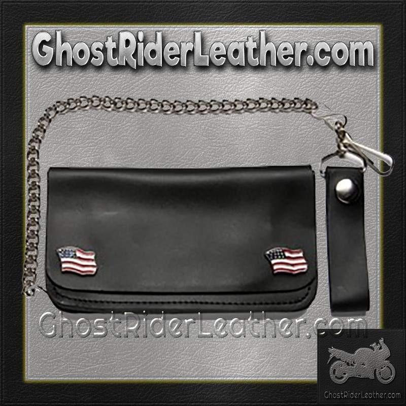 Leather Chain Wallet - Black - USA Flag Emblems - Bifold - WALLET5-DL