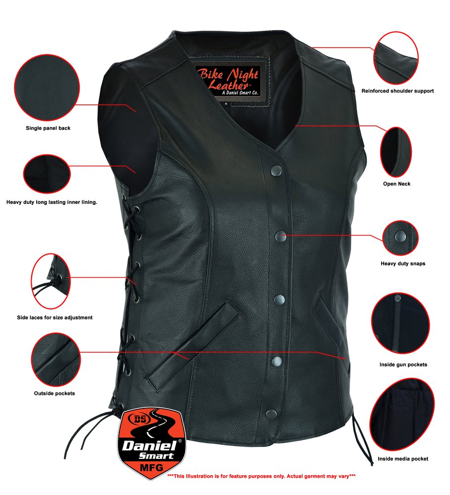Leather Vest - Women's - Longer Body - Side Laces - Gun Pockets - DS206-DS
