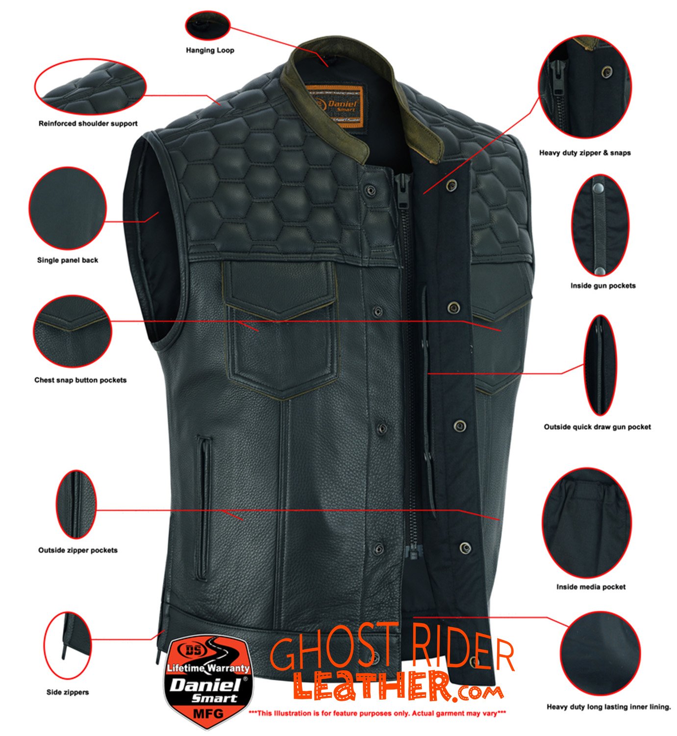 Leather Motorcycle Vest - Men's - Up To Size 8XL - Diamond Quilting - Big and Tall - DS199-DS Leather Motorcycle Vest - Men's - Up To Size 8XL - Diamond Quilting - Big and Tall - DS199-DS