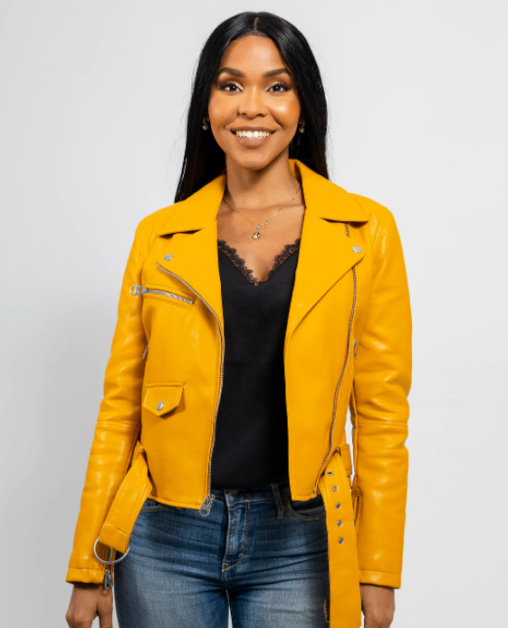 Vegan Leather Motorcycle Jacket - Women's - Mustard Yellow - Remy - WBL1390-WB