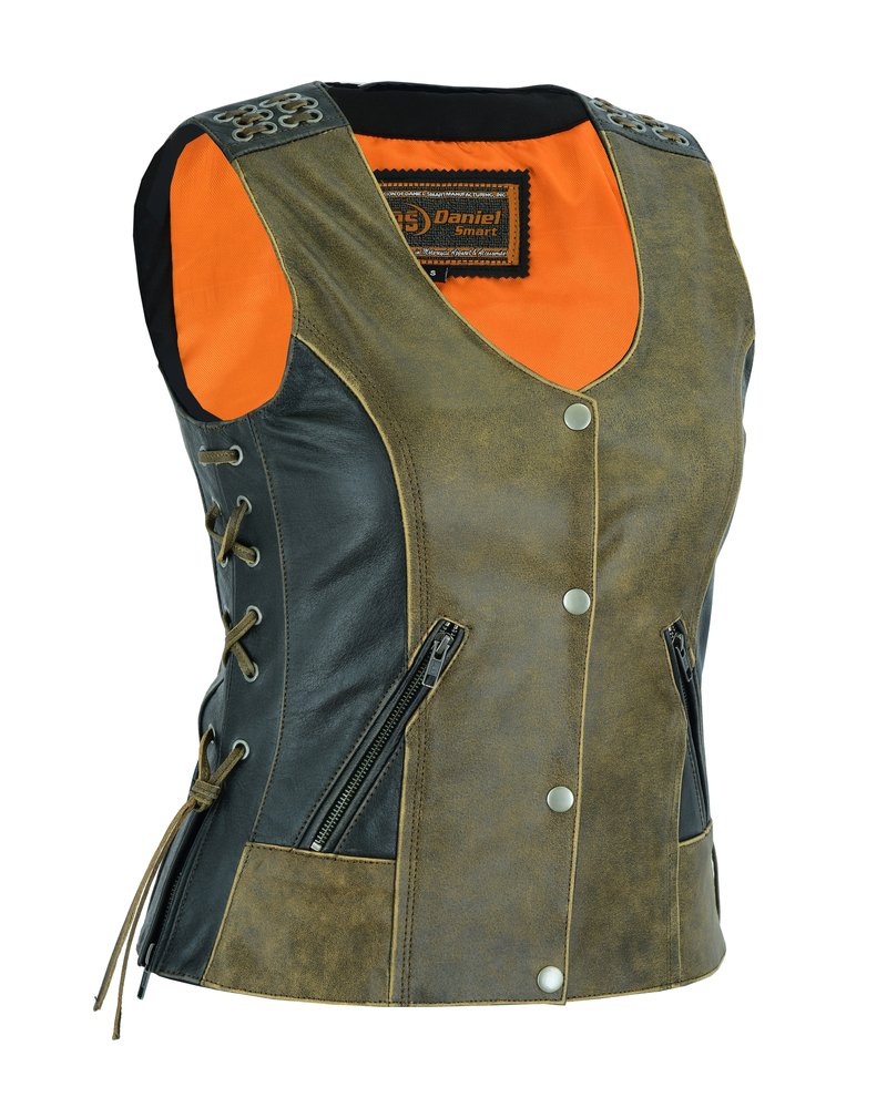 Women's Two Tone Leather Vest With Grommet and Lacing Accents - DS298-DS