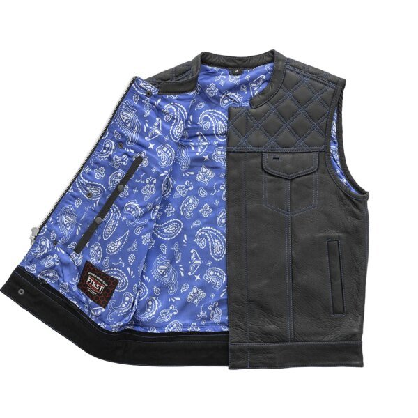 Leather Motorcycle Vest - Men's - Downside - Black with Blue Stitching - Up To 5X - FIM693-QLT-BL-FM