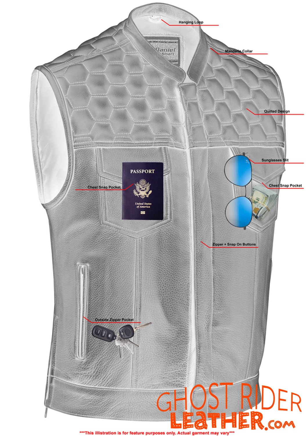 Leather Motorcycle Vest - Men's - Up To Size 8XL - Diamond Quilting - Big and Tall - DS199-DS Leather Motorcycle Vest - Men's - Up To Size 8XL - Diamond Quilting - Big and Tall - DS199-DS