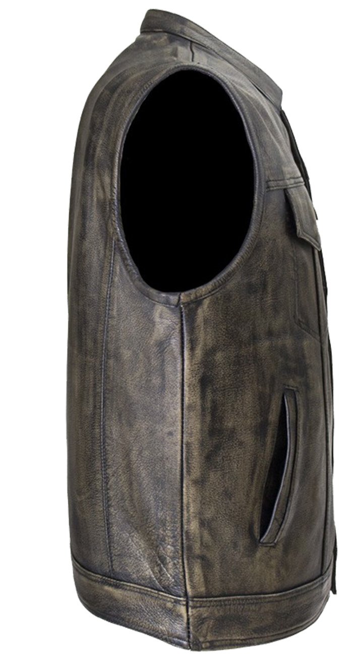Leather Motorcycle Vest - Men's - Distressed Brown - Club - MV320-ZIP-12-DL