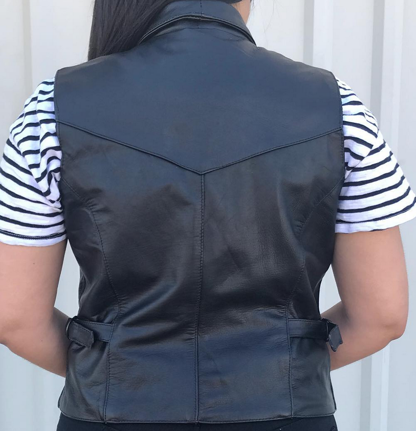 Leather Motorcycle Vest - Women's - Collar and Side Buckles - AL2305-AL