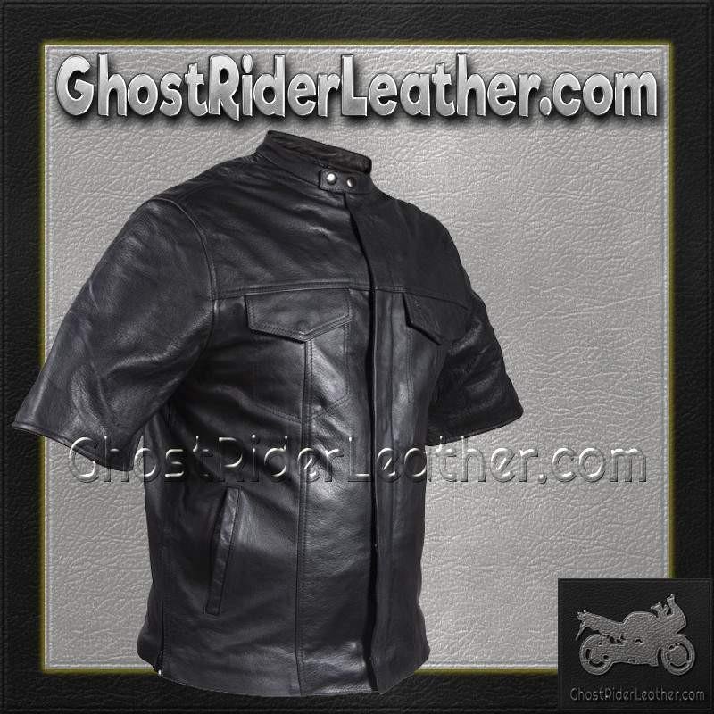 Men's Light Weight Leather Shirt with Short Sleeves - MJ822-11L-DL