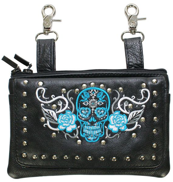 Leather Belt Bag - Teal Blue - Sugar Skull Roses - Handbag - BAG35-EBL14-TEAL-DL