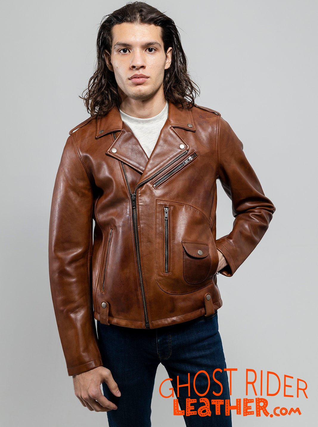 Men's Leather Motorcycle Jacket - Red Ford - Sid - WBM2803-FM