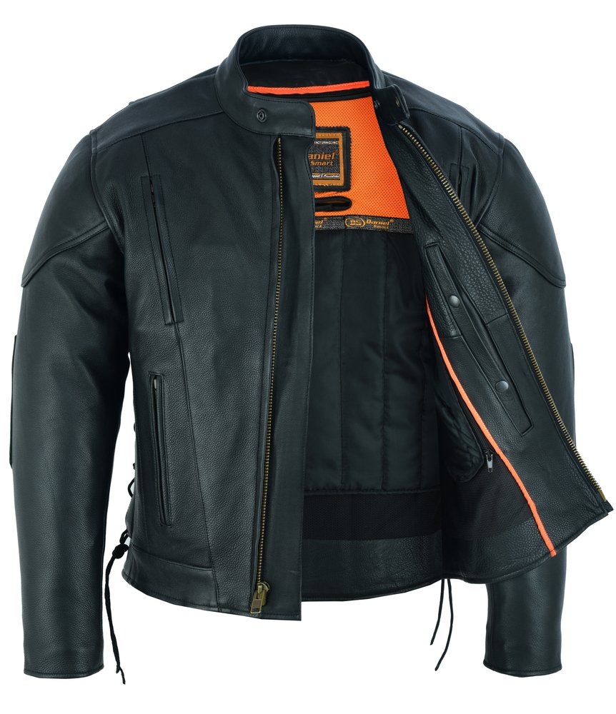 Men's Leather Motorcycle Jacket - Side Laces - Ventilated - Gun Pockets - DS777-DS